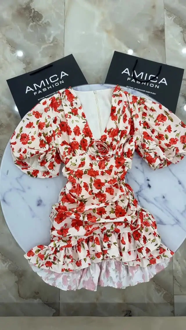 Floral Ruched Puff Sleeve Mini Dress