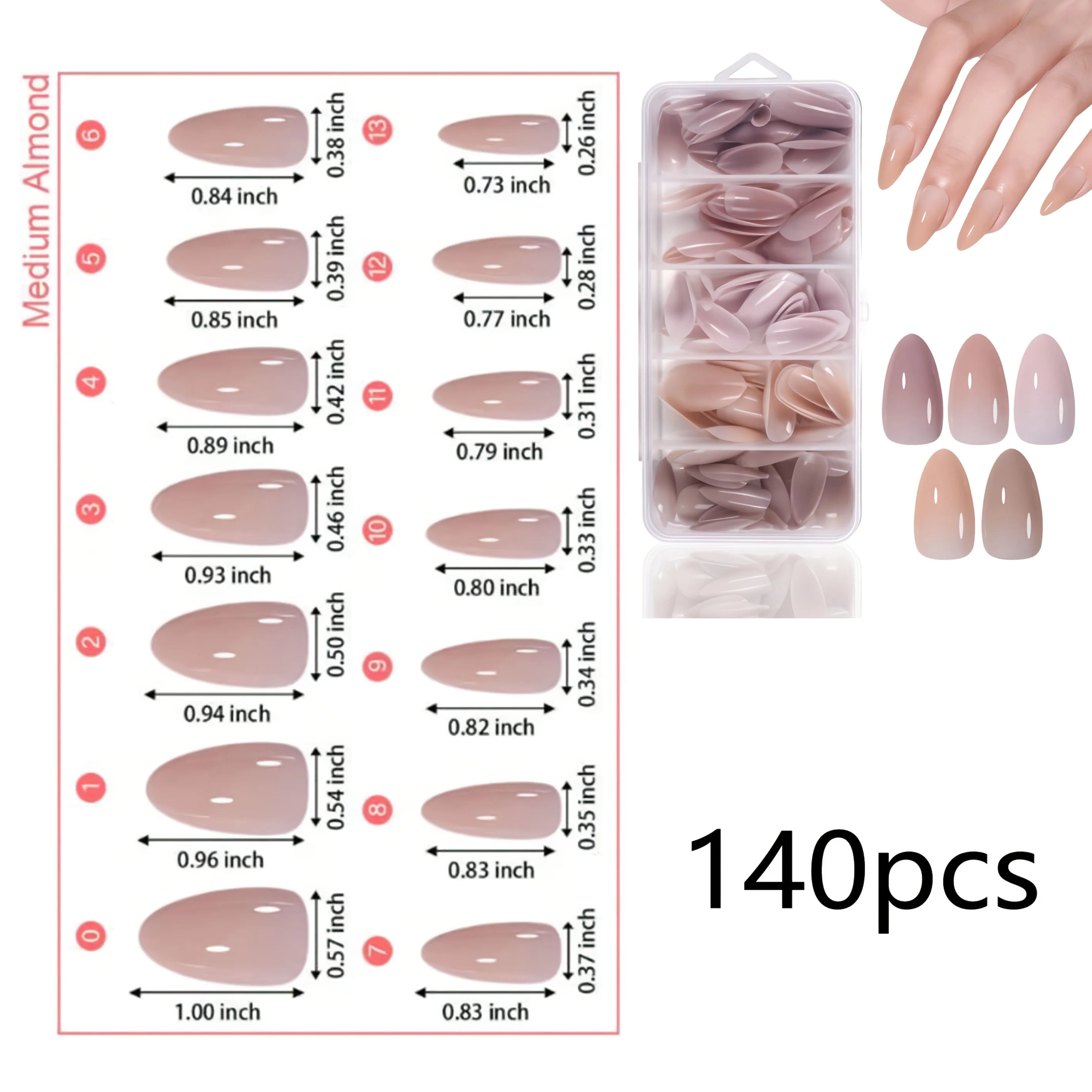 Acrylic Nail Tips Box – 112/140Pcs 5-Color Short Coffin, Almond, Oval & Square Shapes