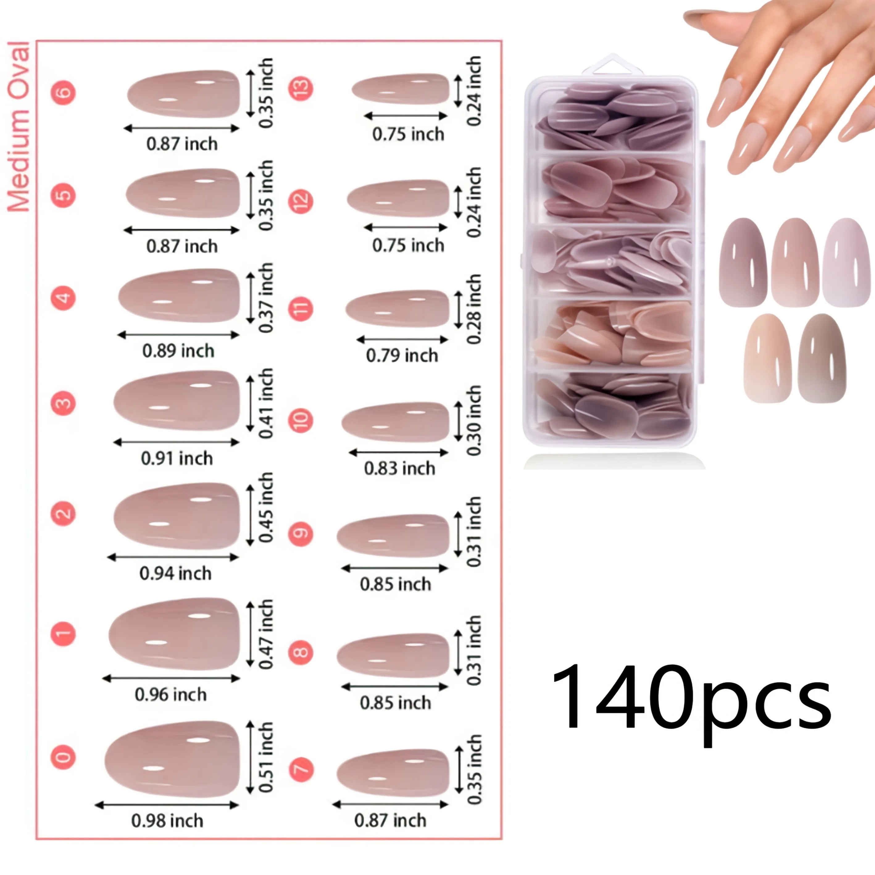Acrylic Nail Tips Box – 112/140Pcs 5-Color Short Coffin, Almond, Oval & Square Shapes