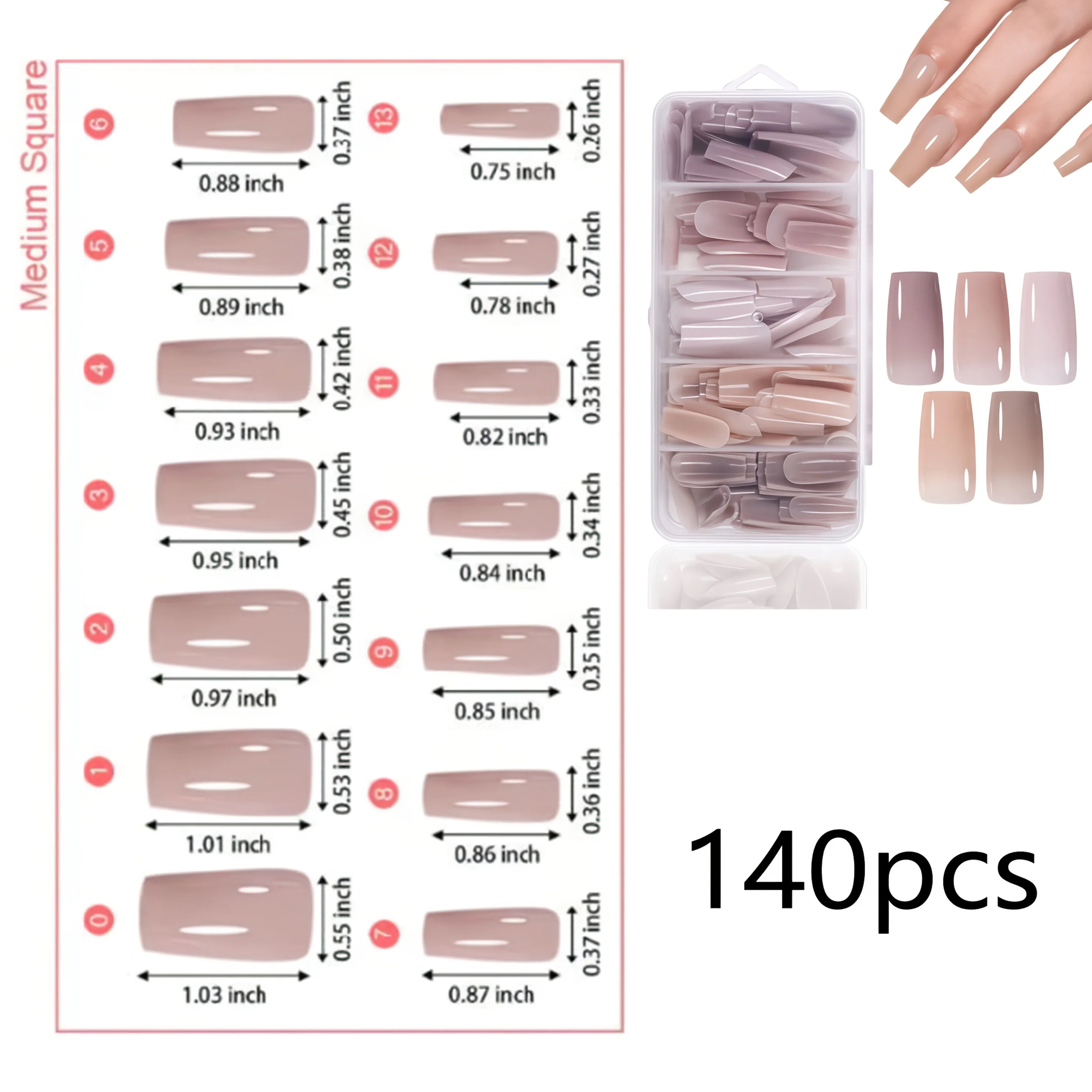 Acrylic Nail Tips Box – 112/140Pcs 5-Color Short Coffin, Almond, Oval & Square Shapes