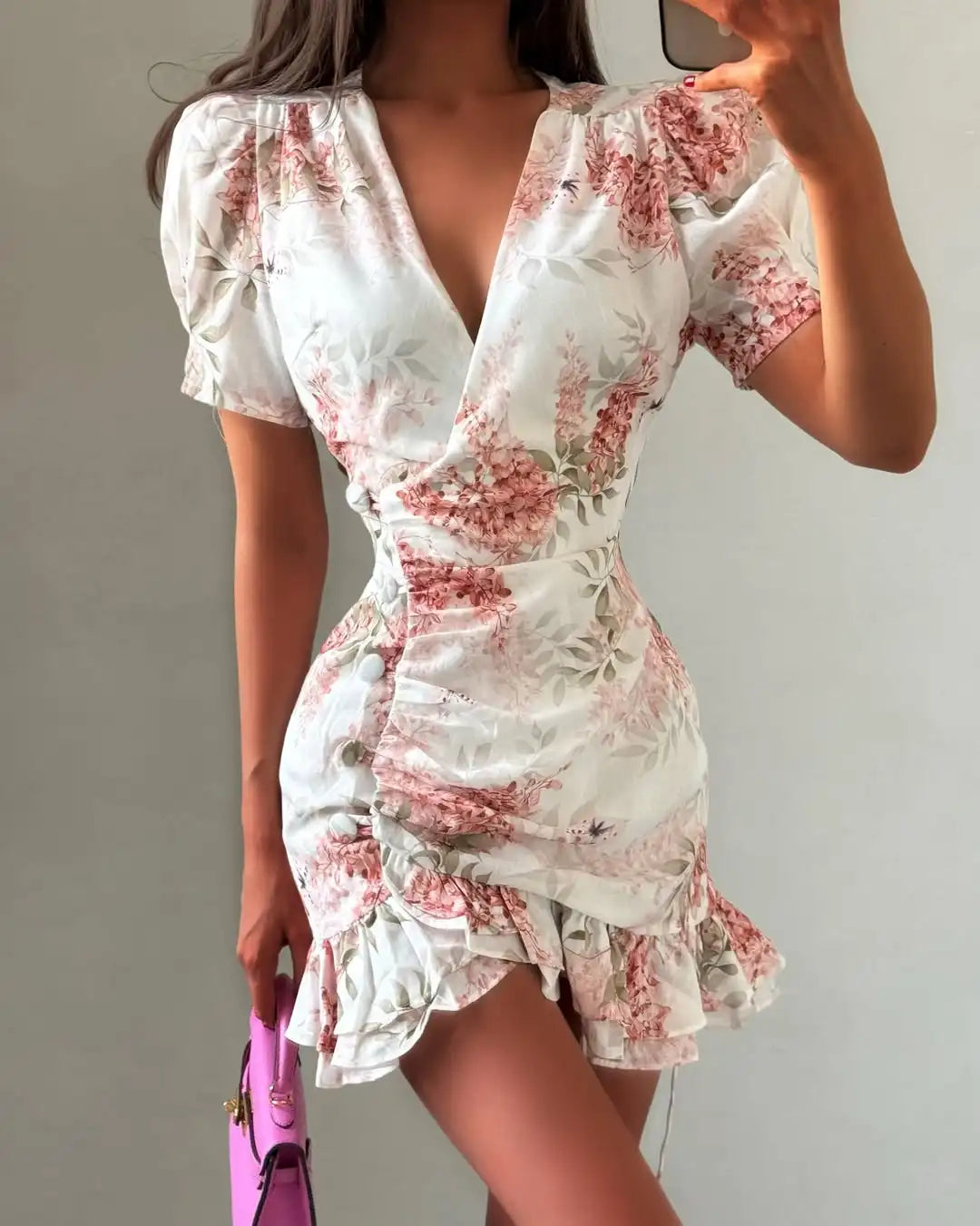 Floral Ruched Puff Sleeve Mini Dress