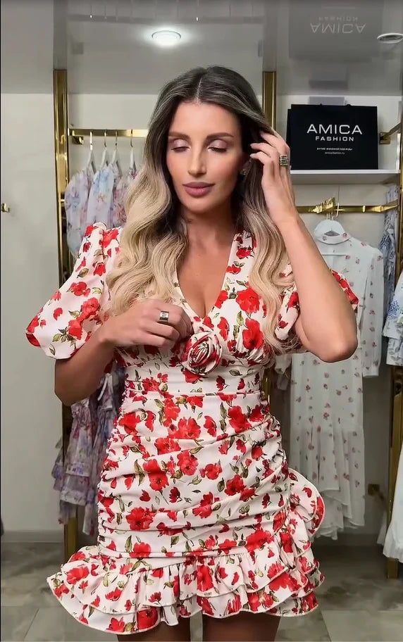 Floral Ruched Puff Sleeve Mini Dress