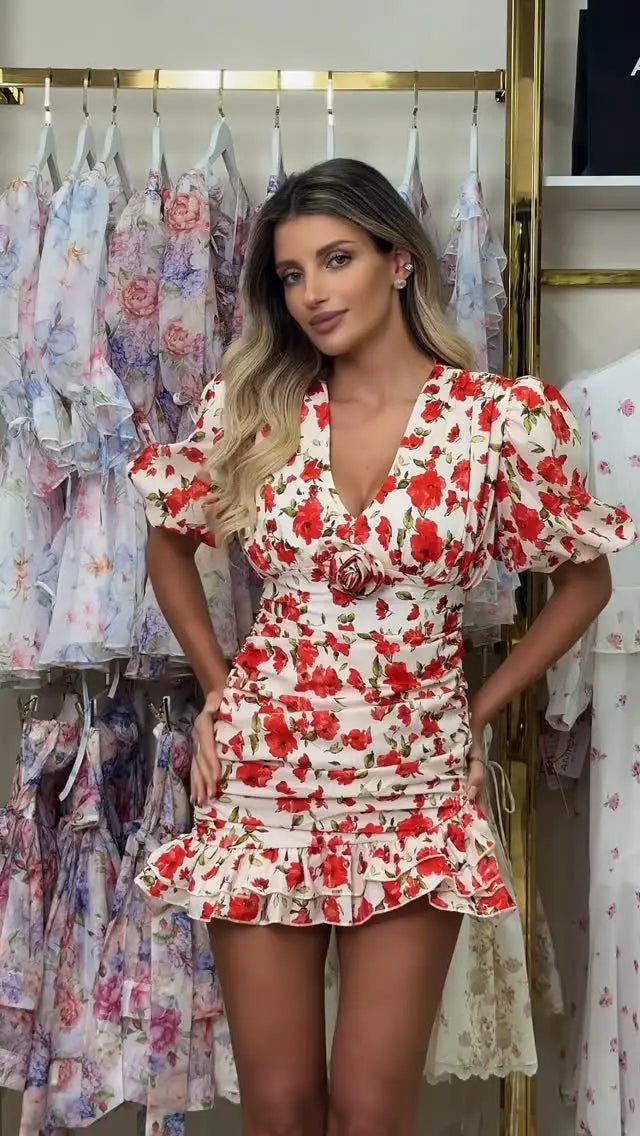 Floral Ruched Puff Sleeve Mini Dress