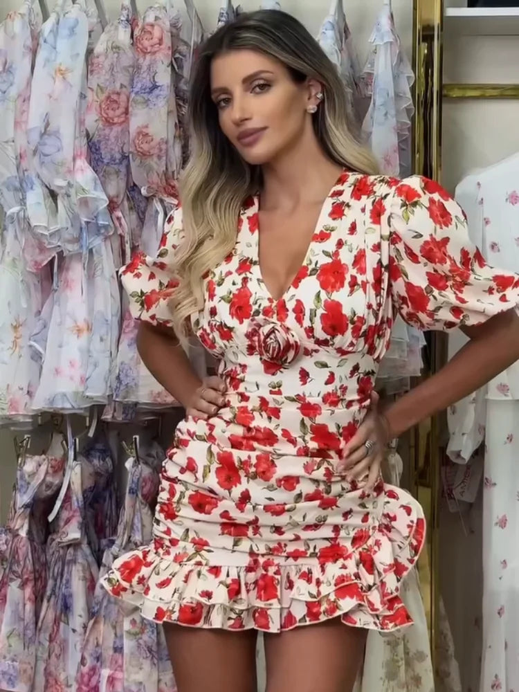 Floral Ruched Puff Sleeve Mini Dress