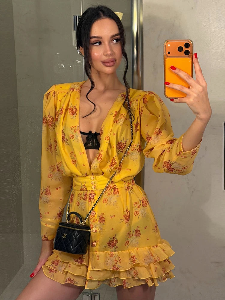 Floral Ruched Puff Sleeve Mini Dress