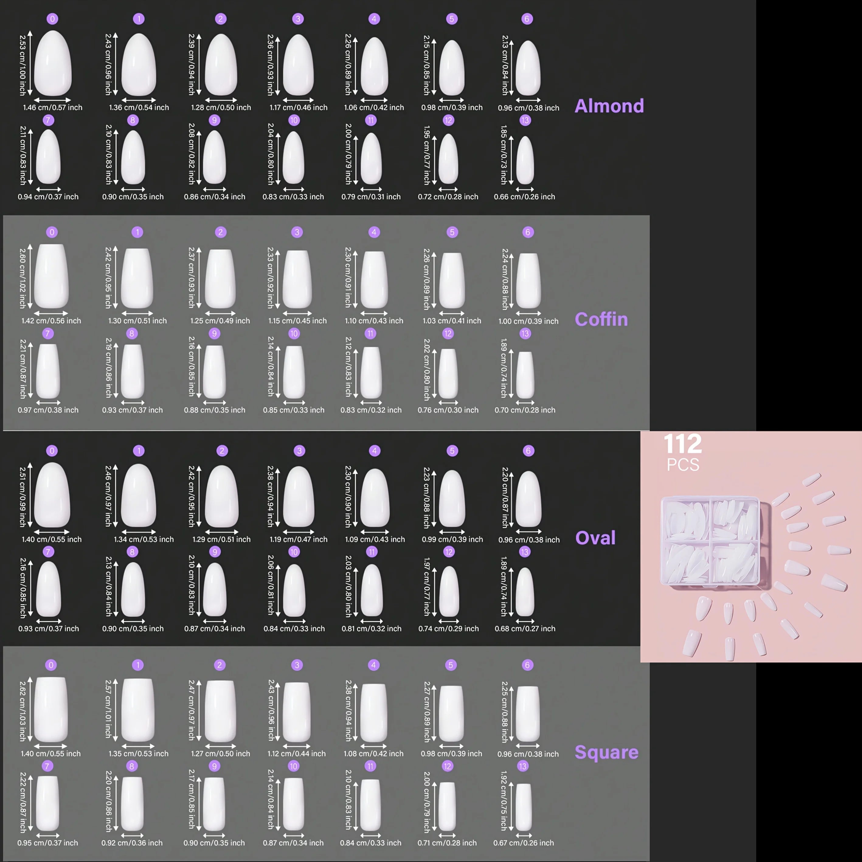 Acrylic Nail Tips Box – 112/140Pcs 5-Color Short Coffin, Almond, Oval & Square Shapes