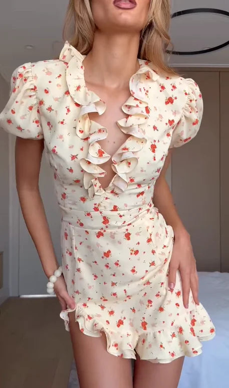 Floral Ruched Puff Sleeve Mini Dress