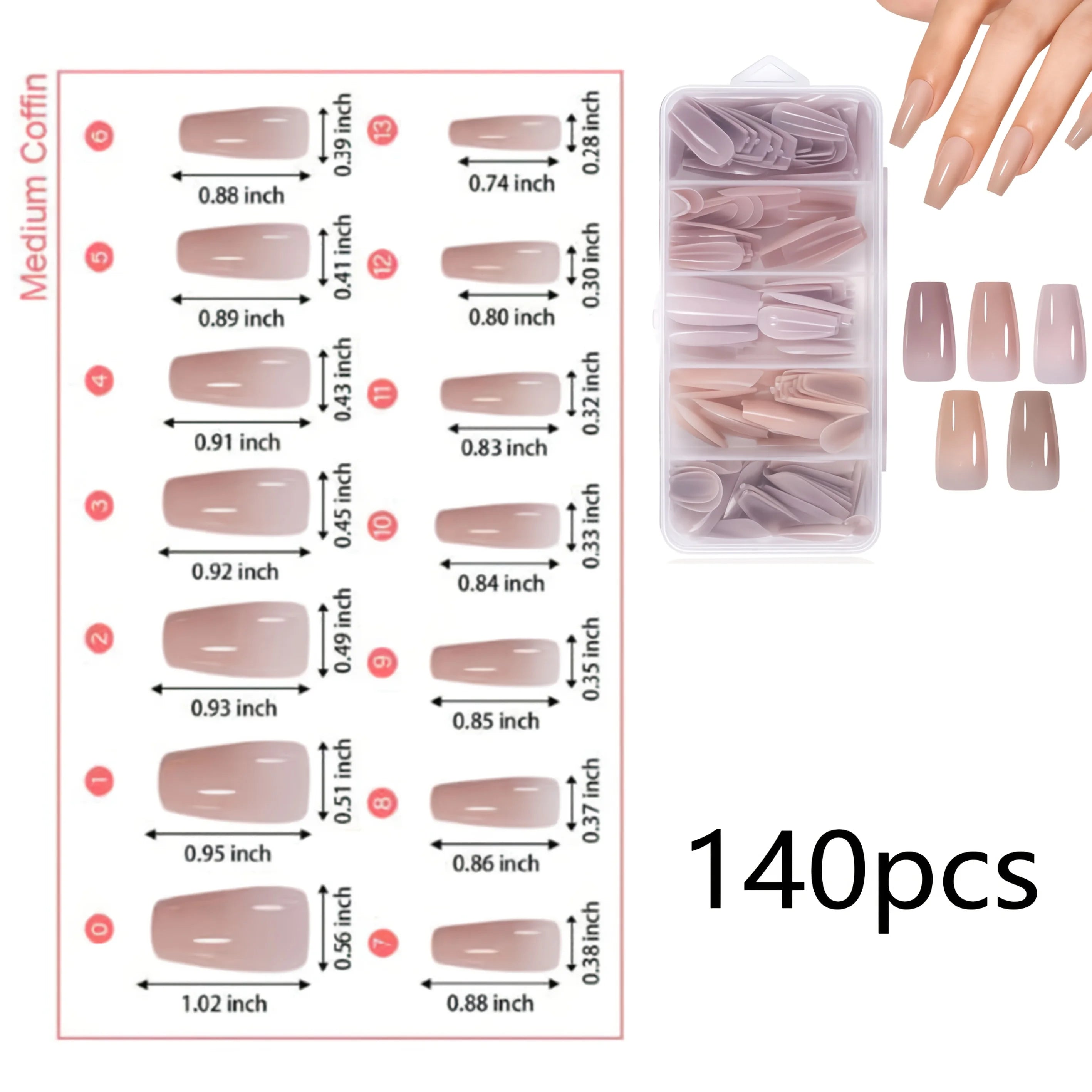 Acrylic Nail Tips Box – 112/140Pcs 5-Color Short Coffin, Almond, Oval & Square Shapes