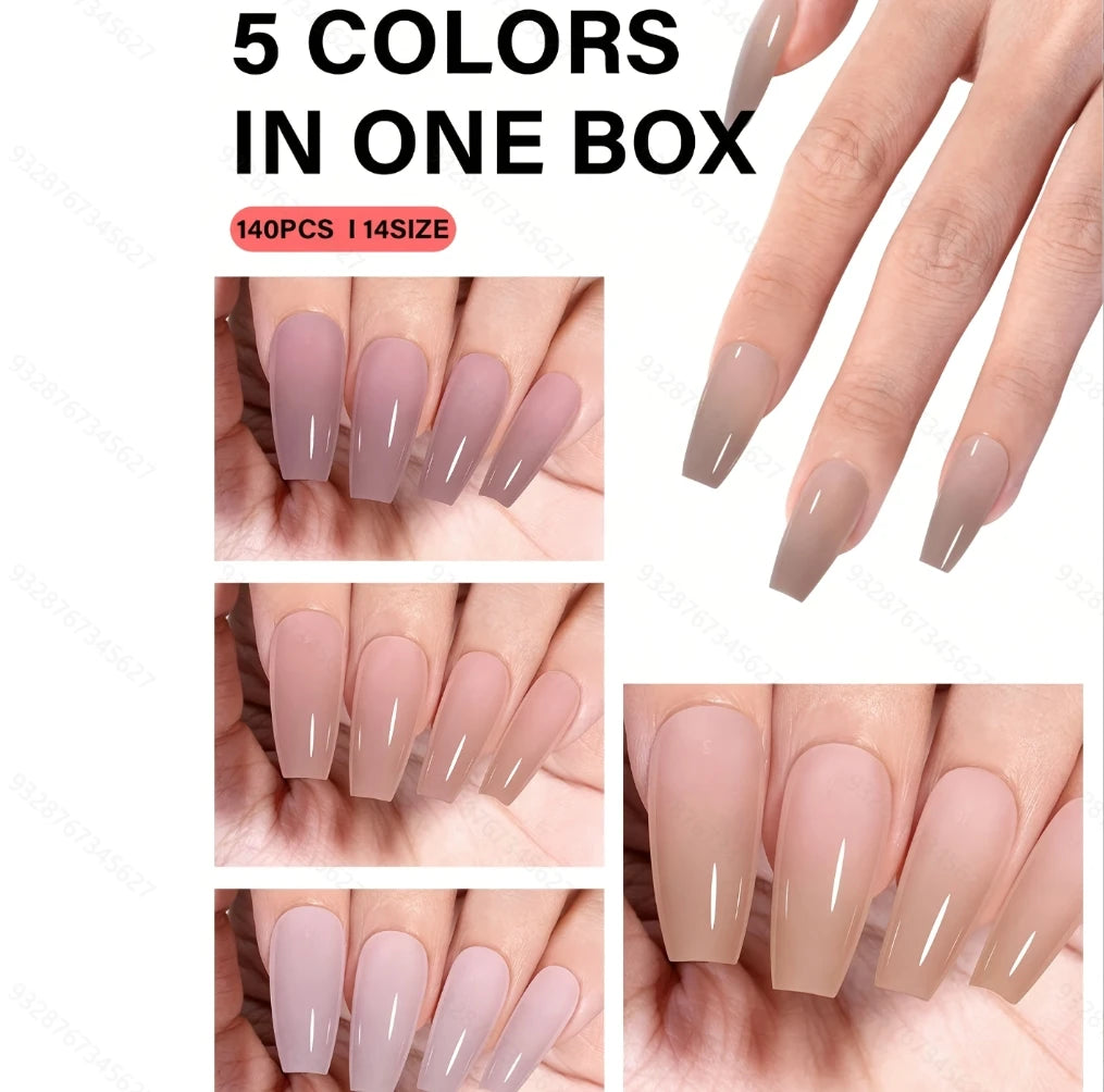 Acrylic Nail Tips Box – 112/140Pcs 5-Color Short Coffin, Almond, Oval & Square Shapes