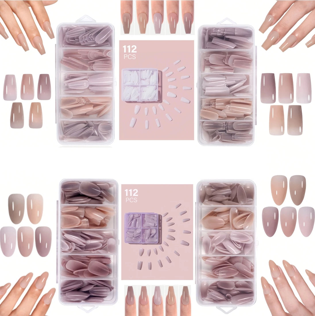 Acrylic Nail Tips Box – 112/140Pcs 5-Color Short Coffin, Almond, Oval & Square Shapes