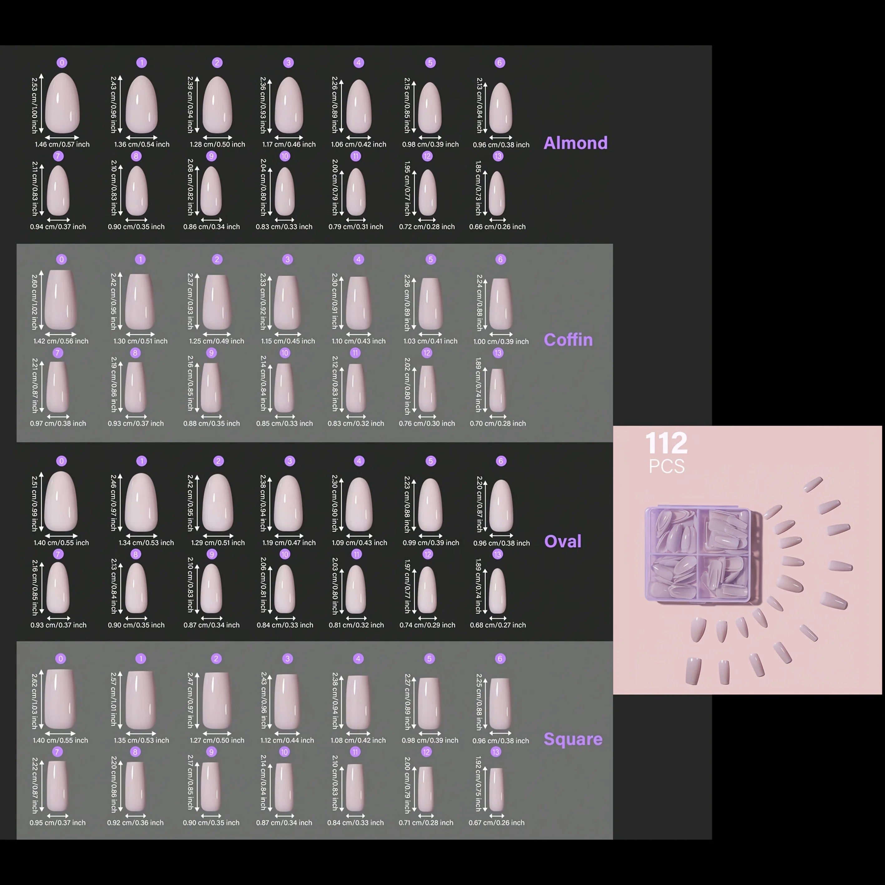 Acrylic Nail Tips Box – 112/140Pcs 5-Color Short Coffin, Almond, Oval & Square Shapes