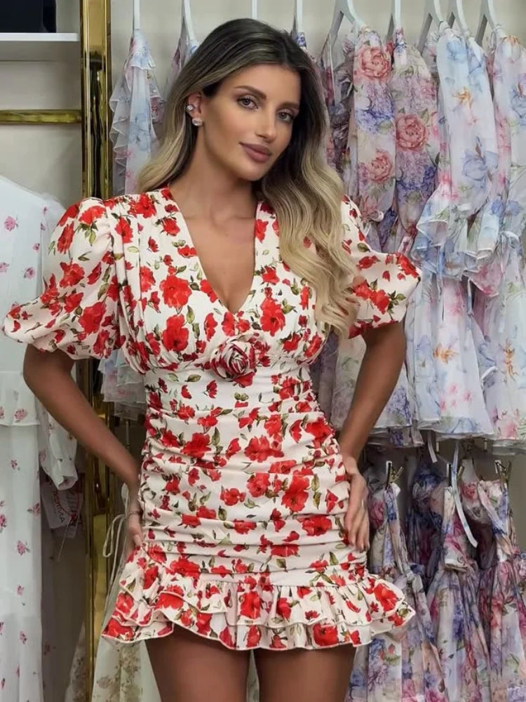 Floral Ruched Puff Sleeve Mini Dress